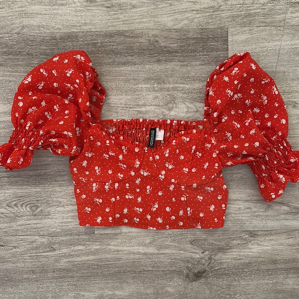 Red Floral Puff Sleeve Top